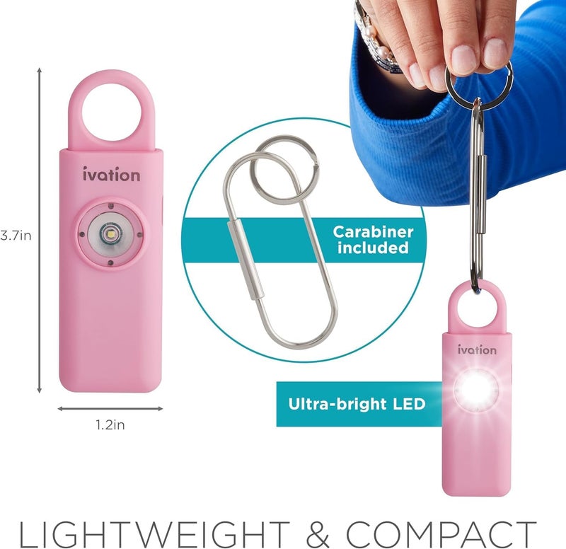 Ivation Personal Rechargeable SOS Alarm, Pocket Size Loud 130dB Sound Safety Siren & LED Panic Strobe Light with Carabiner Keychain Clip for Women, Children & Seniors, Pink - Image 5